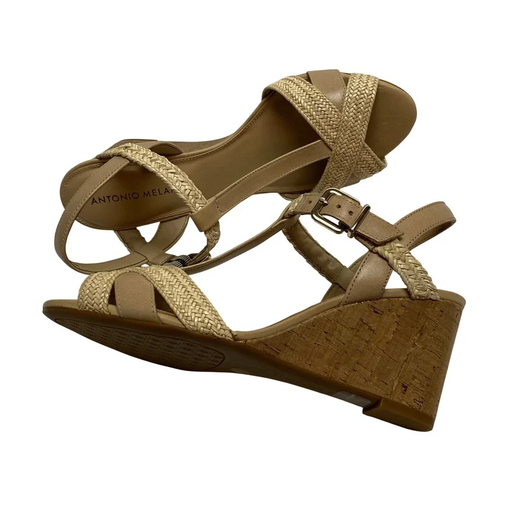 Antonio‎ Melani Tan Leather Braided T-Strap Cork Wedge Sandals Size 9M NIB